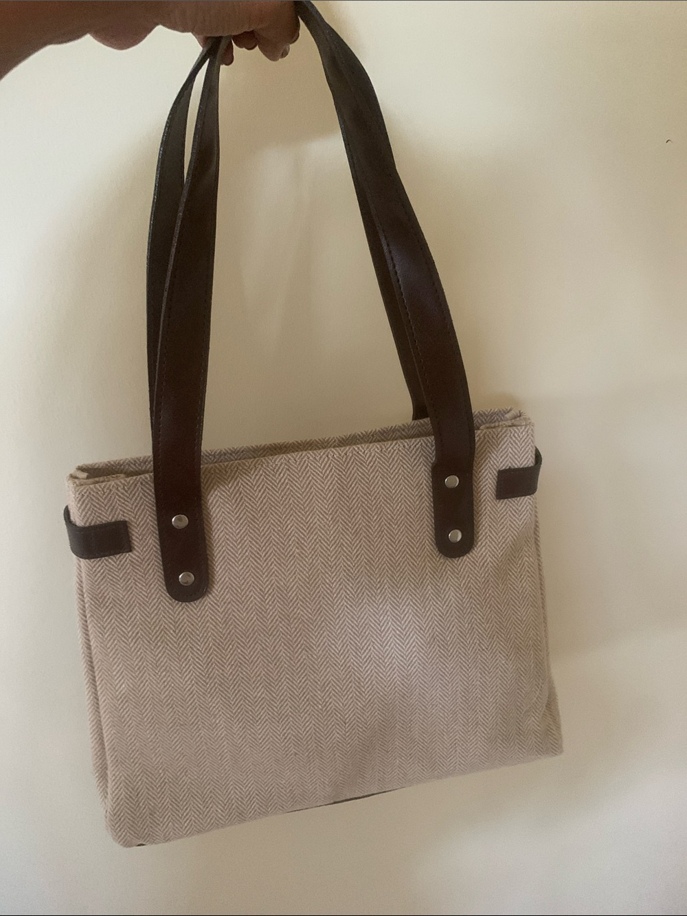 Classic Beige Herringbone Tote with Dark Brown Faux Leather Straps